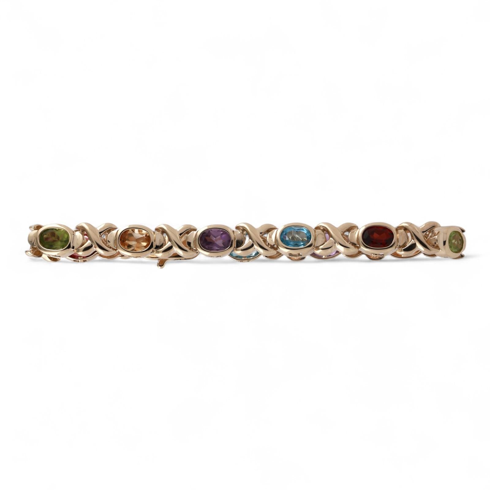Multi Gemstone XO Link Bracelet 14K Yellow Gold 4.78 CTW Oval Gems 7"