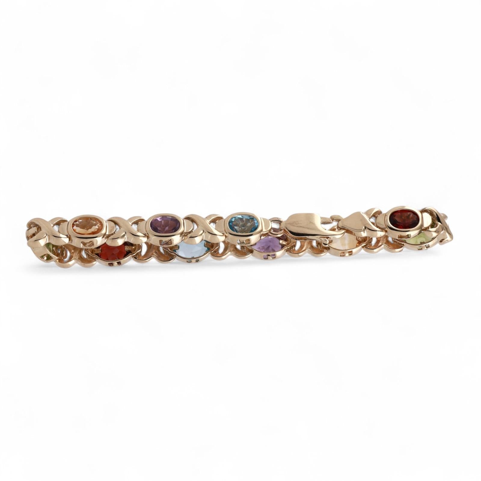 Multi Gemstone XO Link Bracelet 14K Yellow Gold 4.78 CTW Oval Gems 7"