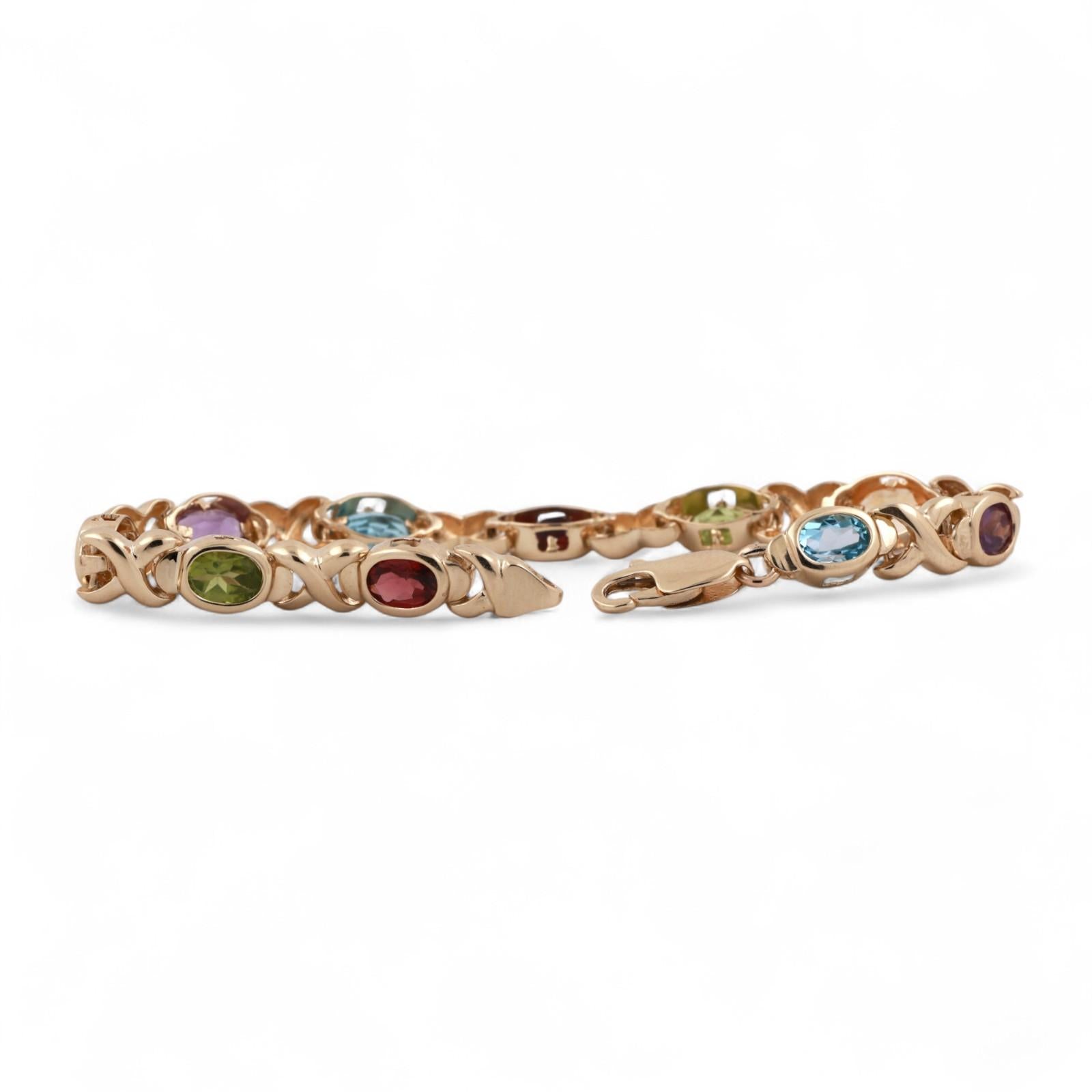 Multi Gemstone XO Link Bracelet 14K Yellow Gold 4.78 CTW Oval Gems 7"