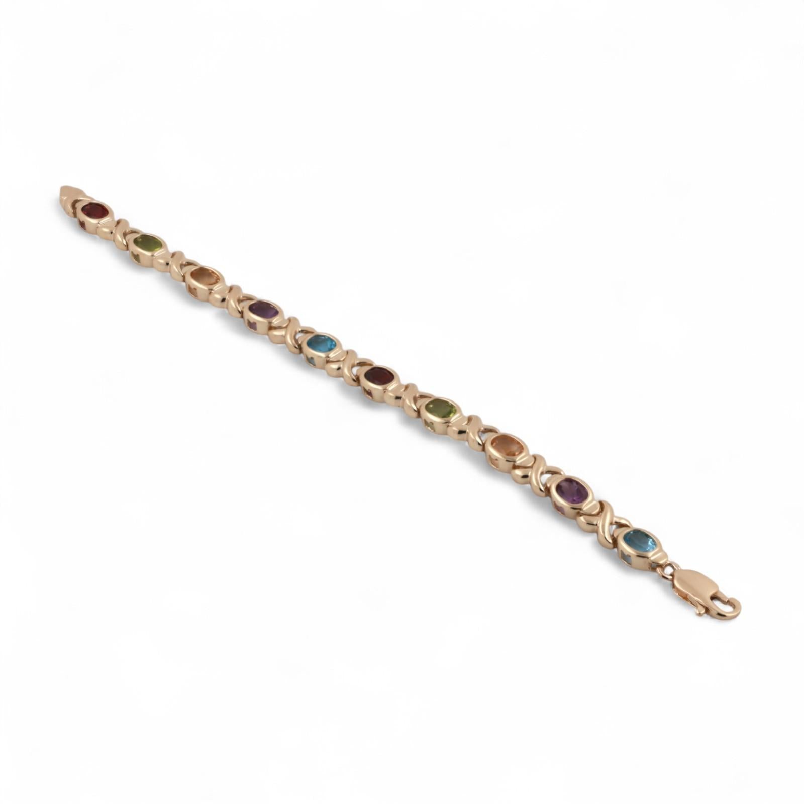 Multi Gemstone XO Link Bracelet 14K Yellow Gold 4.78 CTW Oval Gems 7"