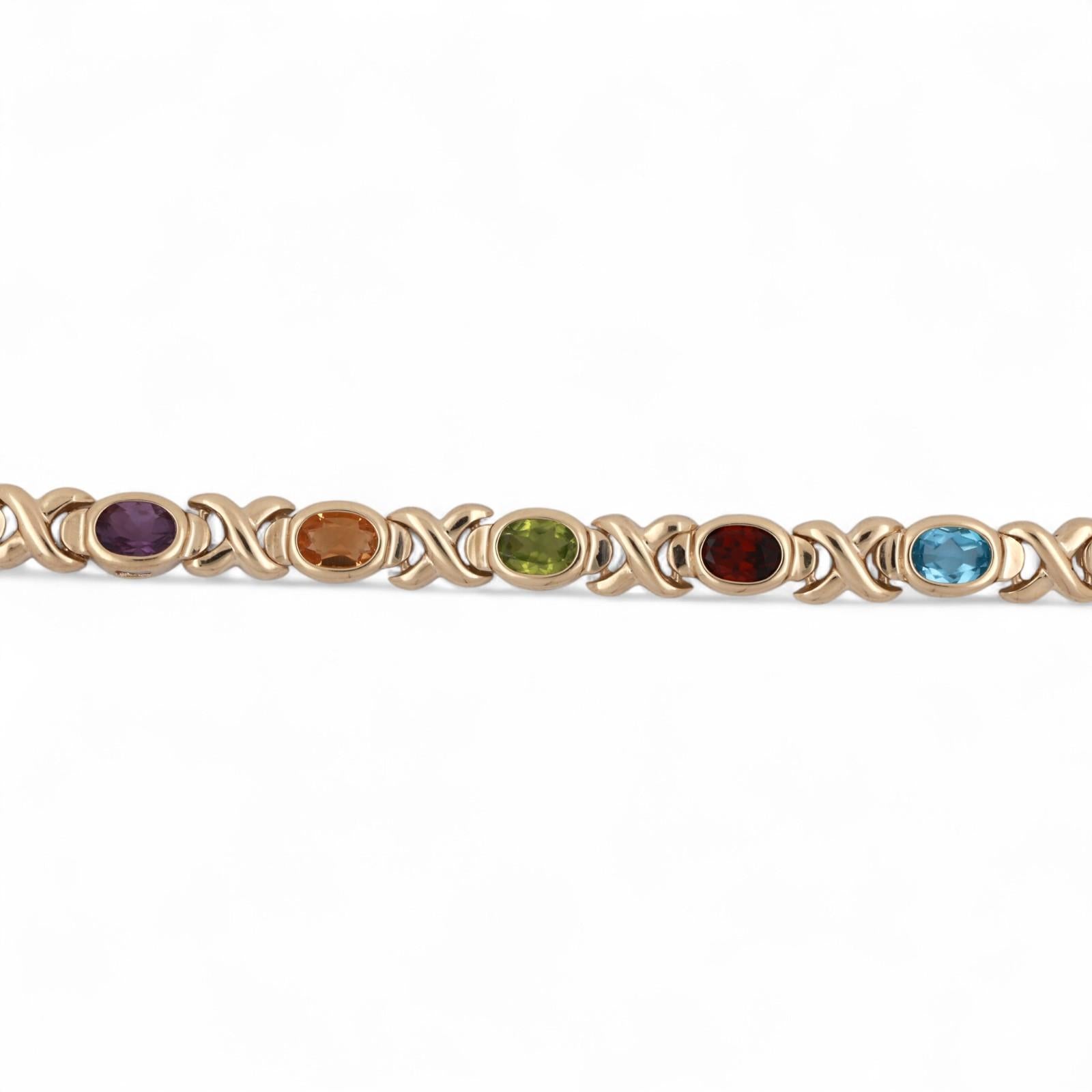 Multi Gemstone XO Link Bracelet 14K Yellow Gold 4.78 CTW Oval Gems 7"