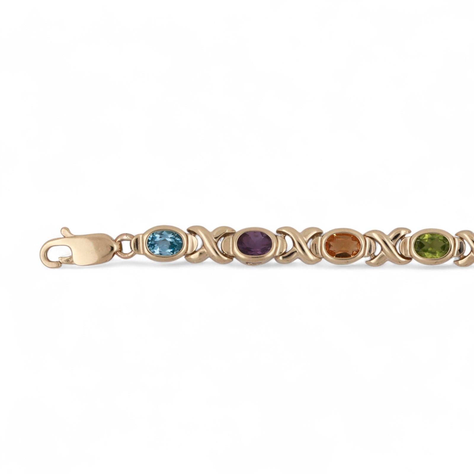Multi Gemstone XO Link Bracelet 14K Yellow Gold 4.78 CTW Oval Gems 7"