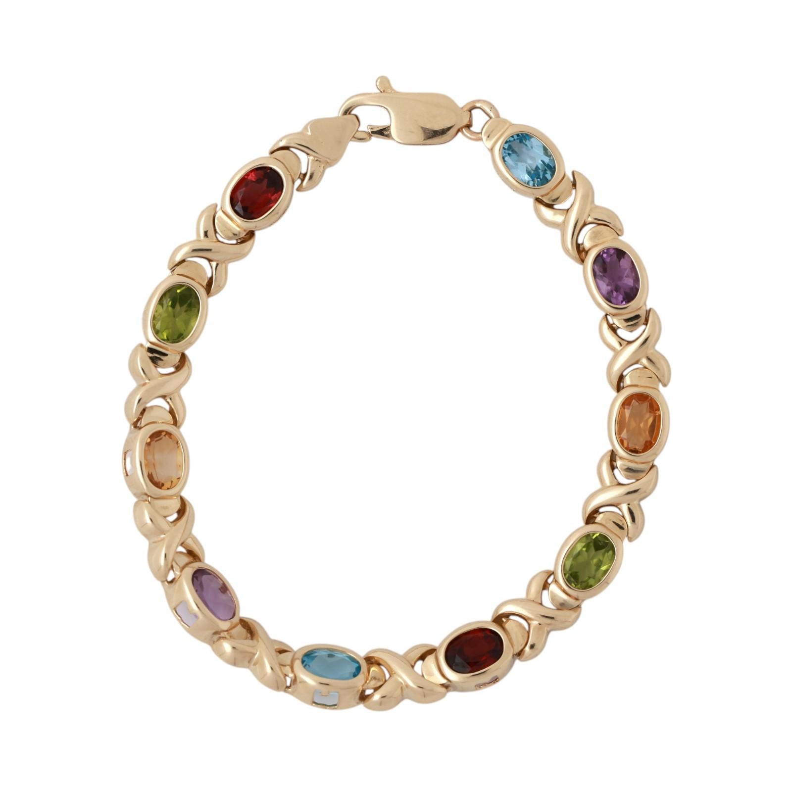 Multi Gemstone XO Link Bracelet 14K Yellow Gold 4.78 CTW Oval Gems 7"