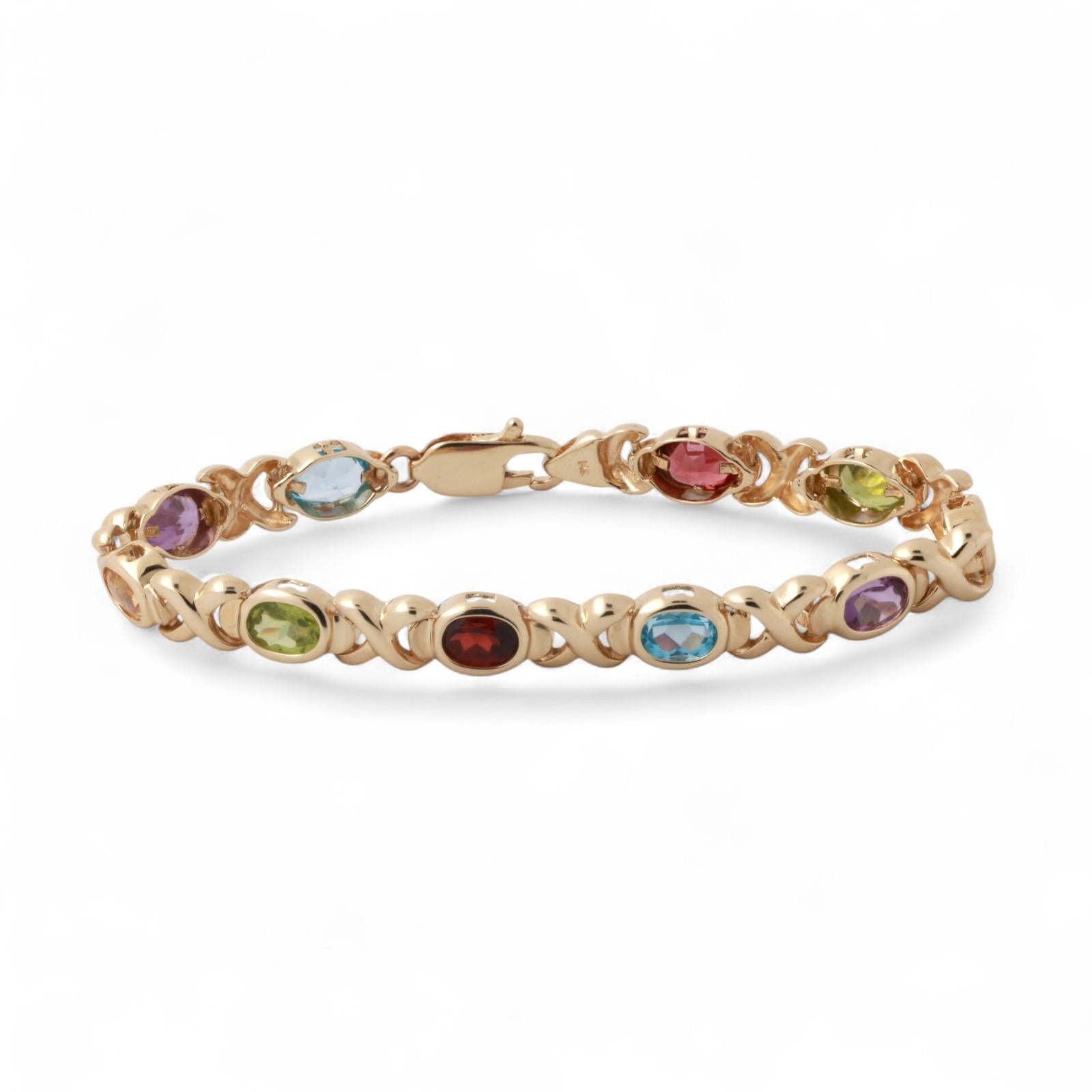 Multi Gemstone XO Link Bracelet 14K Yellow Gold 4.78 CTW Oval Gems 7"