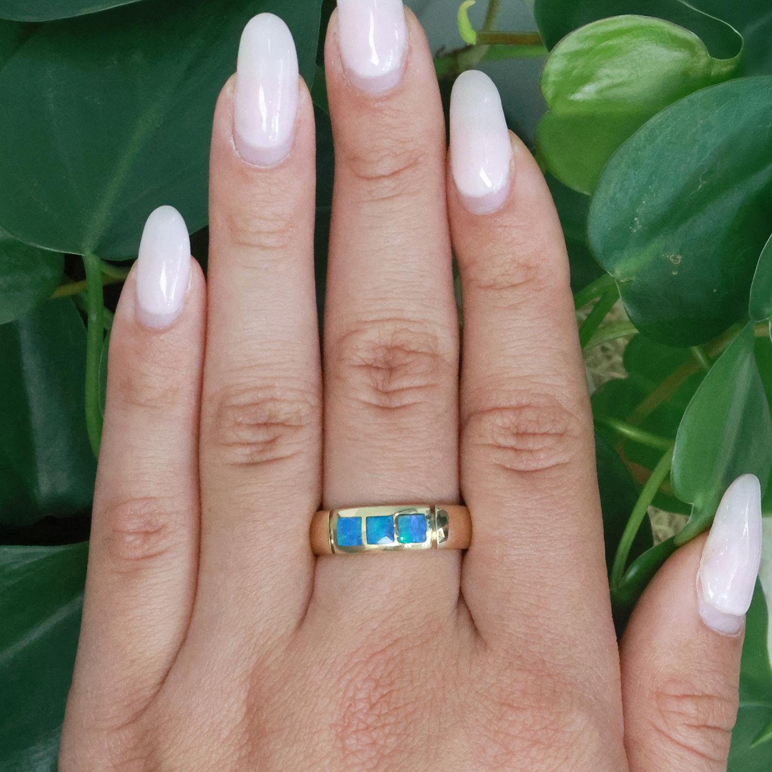 Bagley And Hotchkiss Opal Inlay Band Ring 14K Yellow Gold Size 10.5 Unisex