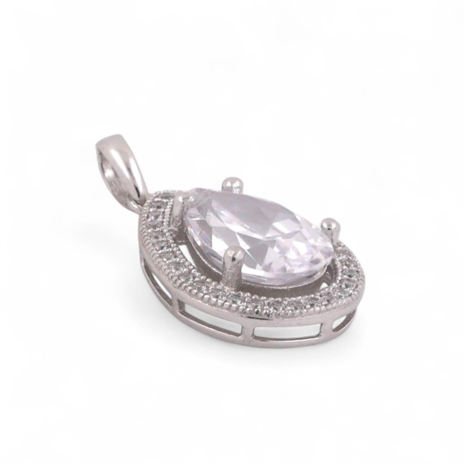 Teardrop Cubic Zirconia Halo Pendant 14K White Gold 0.78" Estate