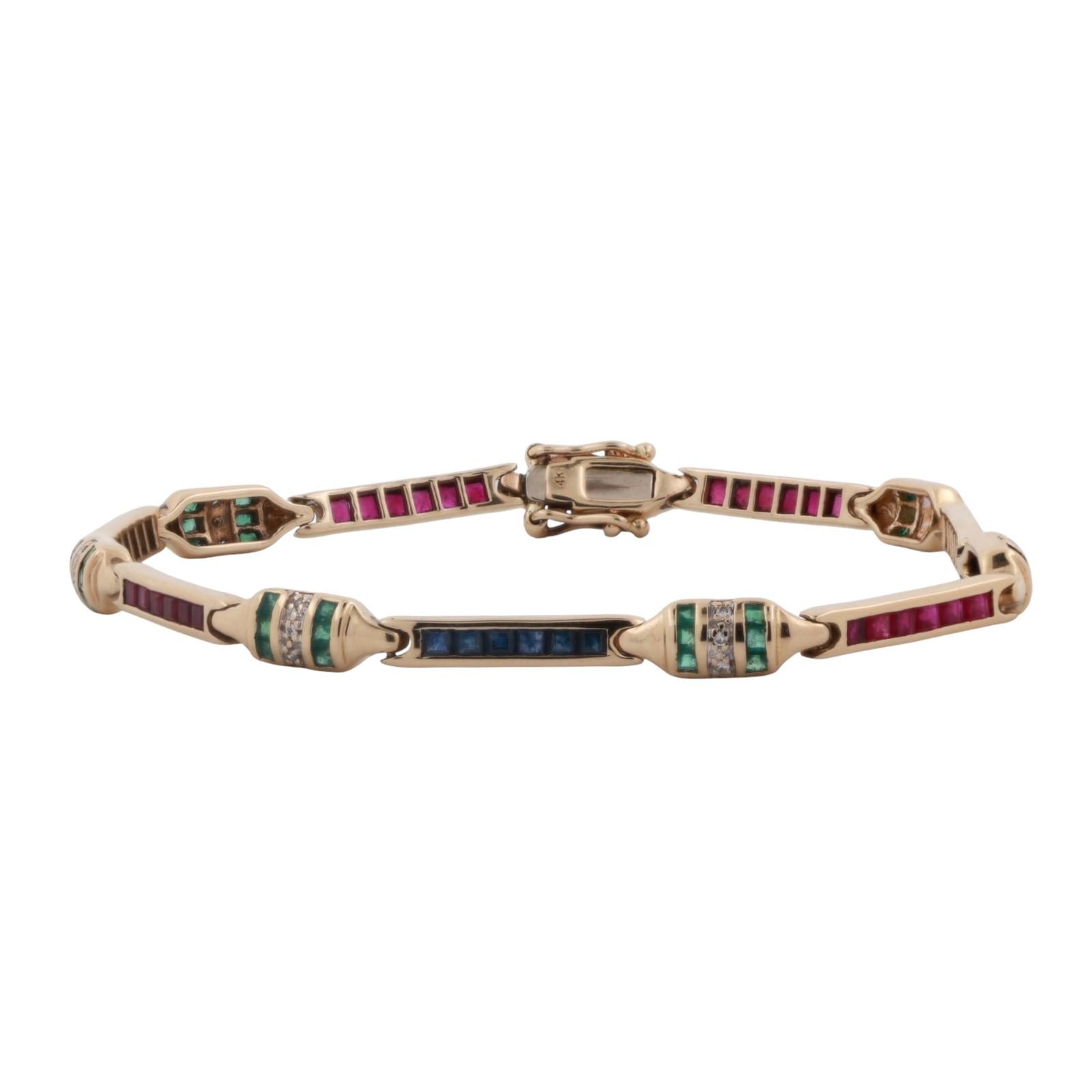 Sapphire Ruby Emerald Diamond Station Bracelet 14K Yellow Gold 1.74 CTW 7.25"