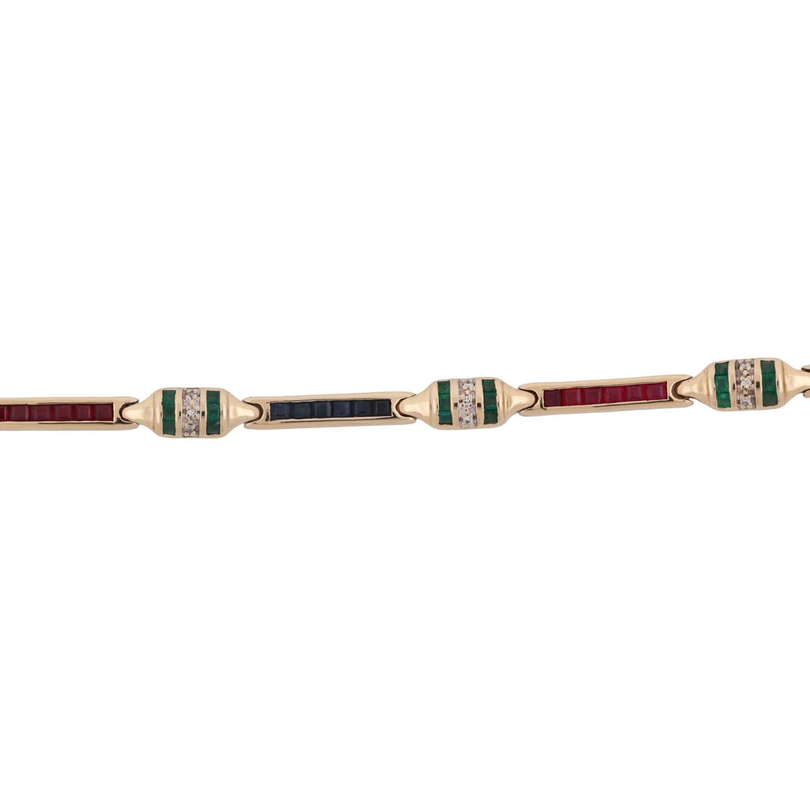 Sapphire Ruby Emerald Diamond Station Bracelet 14K Yellow Gold 1.74 CTW 7.25"