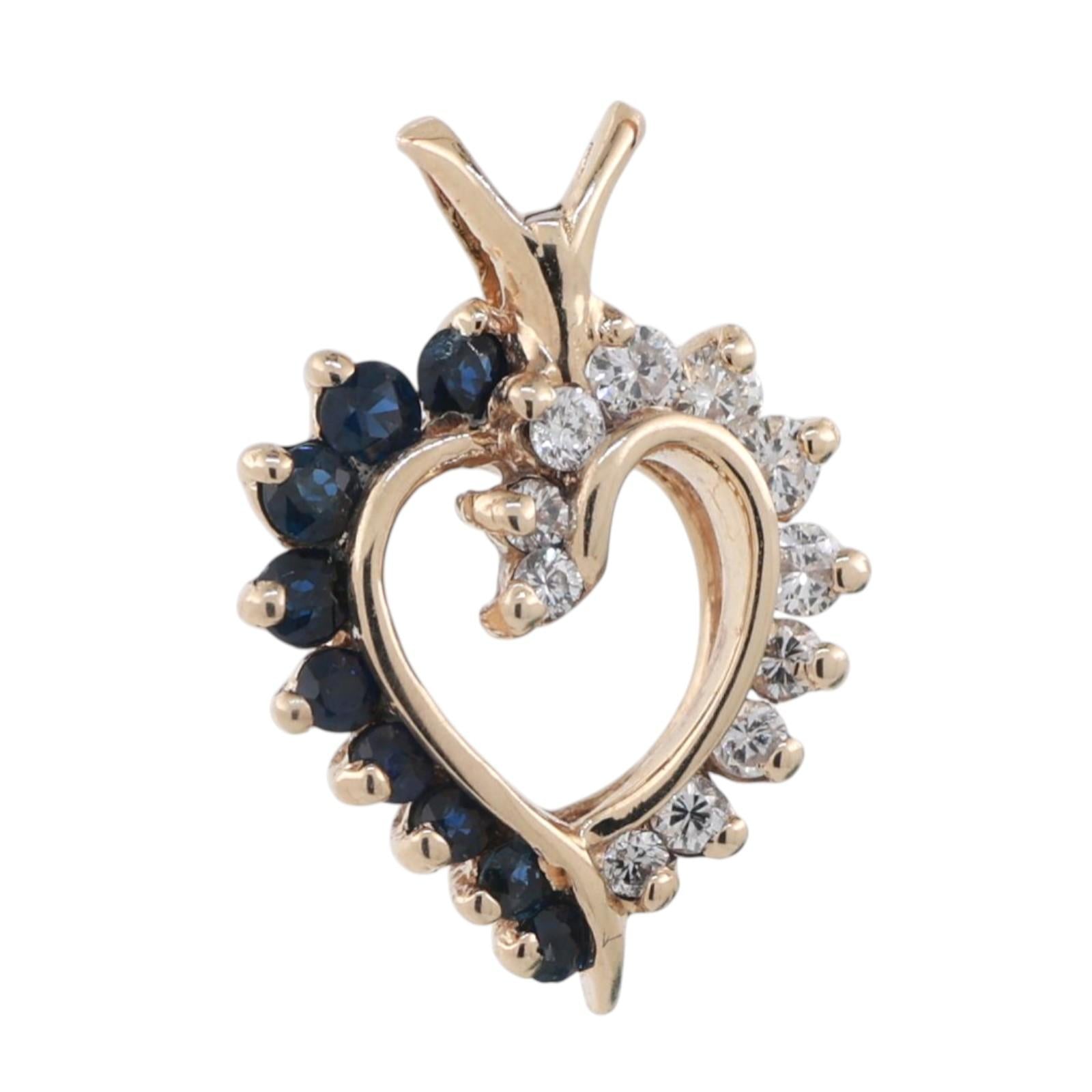 Sapphire Diamond Open Heart Pendant 14K Yellow Gold 0.85 CTW 0.80" Ladies Estate