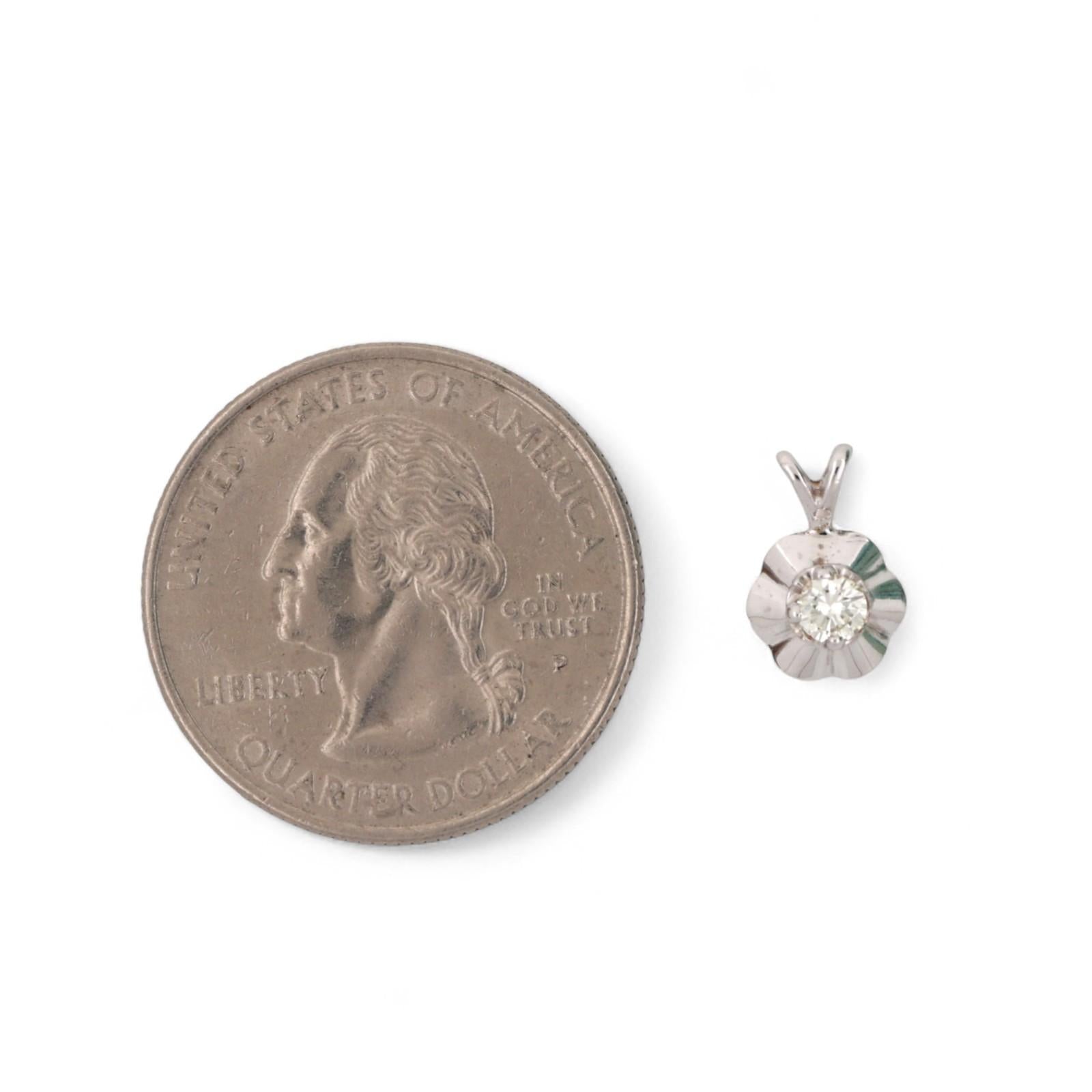 0.15 CT Round Solitaire Diamond Floral Pendant Charm 14K White Gold 0.43" Estate