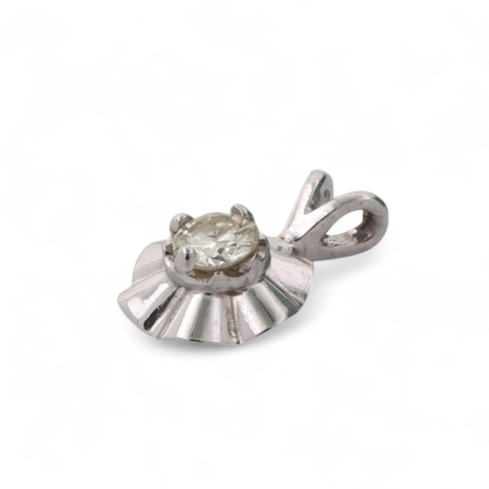 0.15 CT Round Solitaire Diamond Floral Pendant Charm 14K White Gold 0.43" Estate
