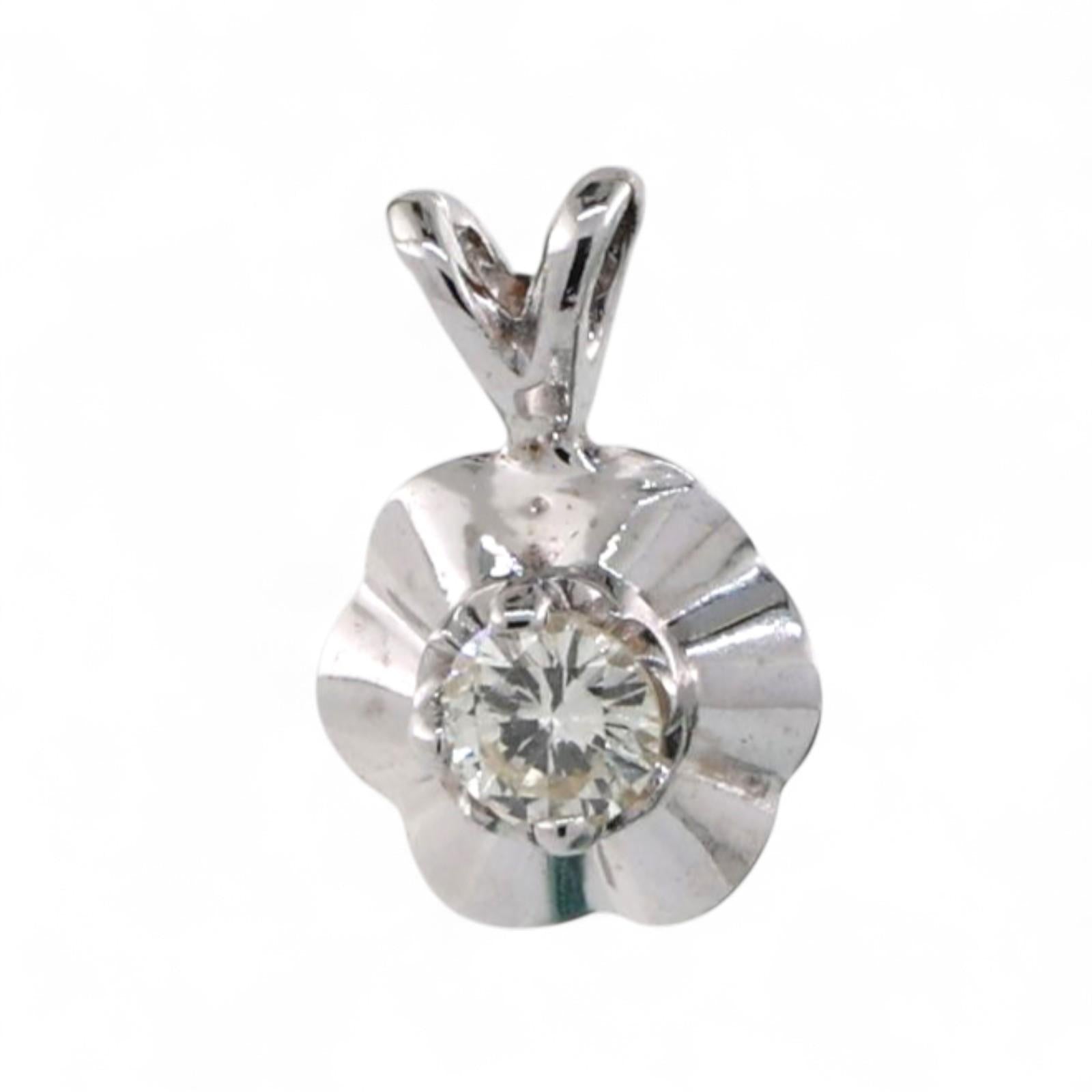 0.15 CT Round Solitaire Diamond Floral Pendant Charm 14K White Gold 0.43" Estate