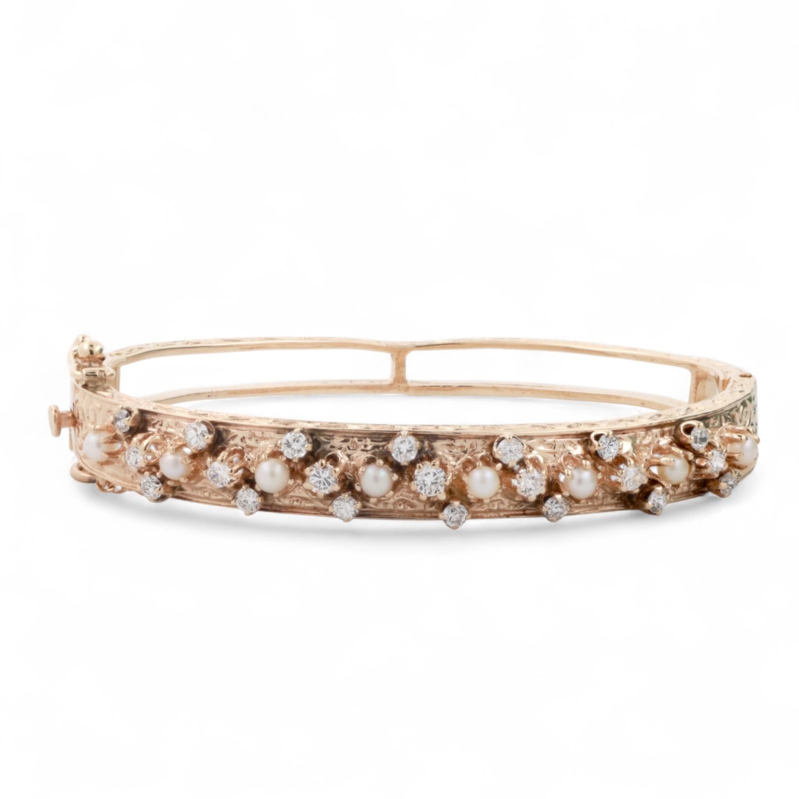 Vintage Cultured Akoya Pearl Diamond Bangle 14K Yellow Gold 6.25" Ladies Estate