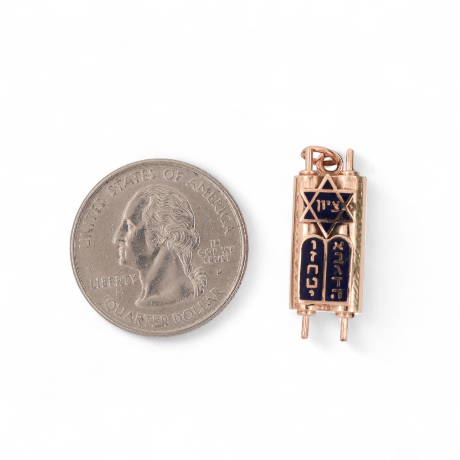 Religious Mezuzah Cover Charm Pendant 10K Rose Gold Enamel 1.10" Unisex Estate