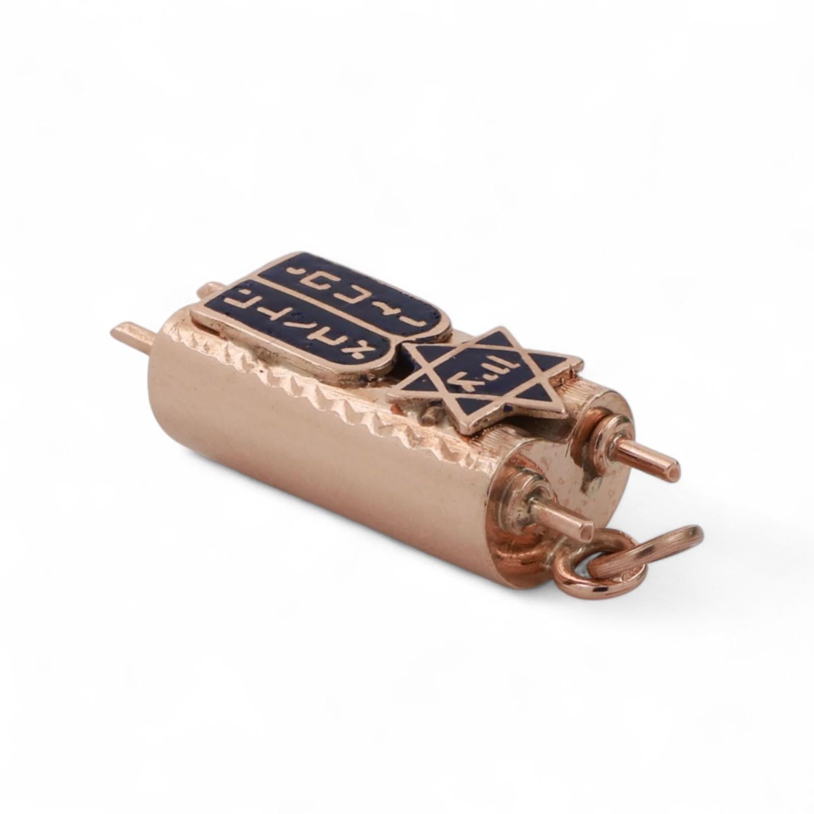Religious Mezuzah Cover Charm Pendant 10K Rose Gold Enamel 1.10" Unisex Estate