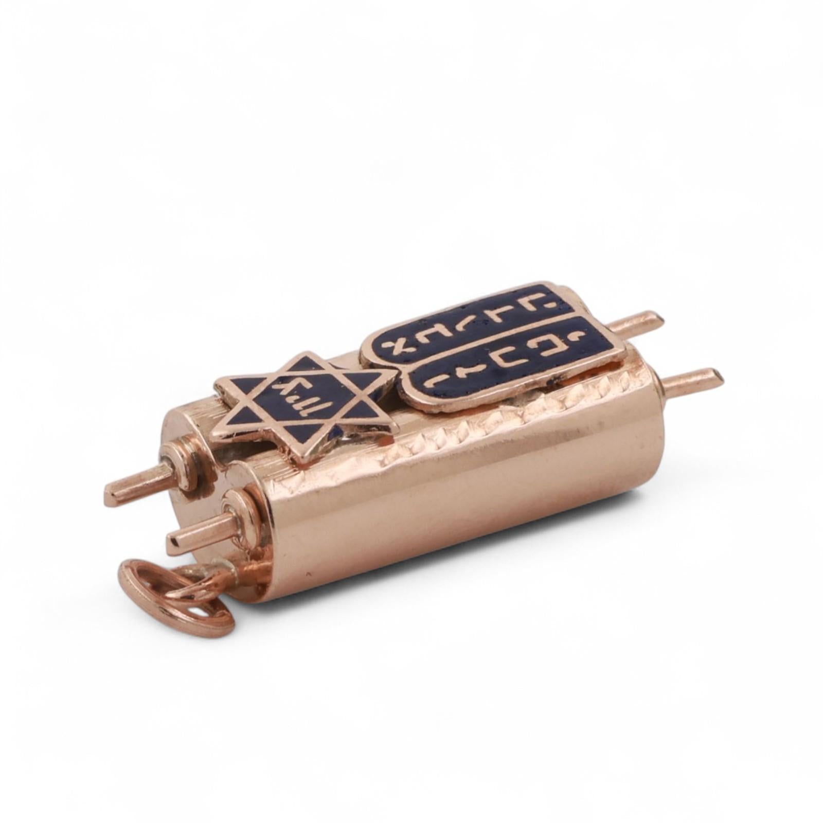 Religious Mezuzah Cover Charm Pendant 10K Rose Gold Enamel 1.10" Unisex Estate