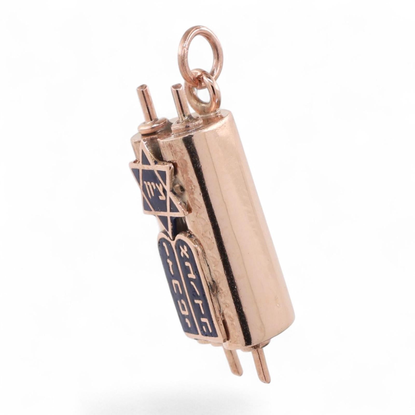 Religious Mezuzah Cover Charm Pendant 10K Rose Gold Enamel 1.10" Unisex Estate