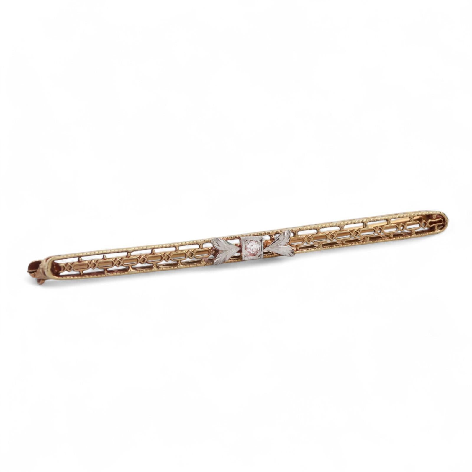 Vintage Diamond Filigree Brooch 14K Yellow Gold Platinum 0.03 CT 2.20"