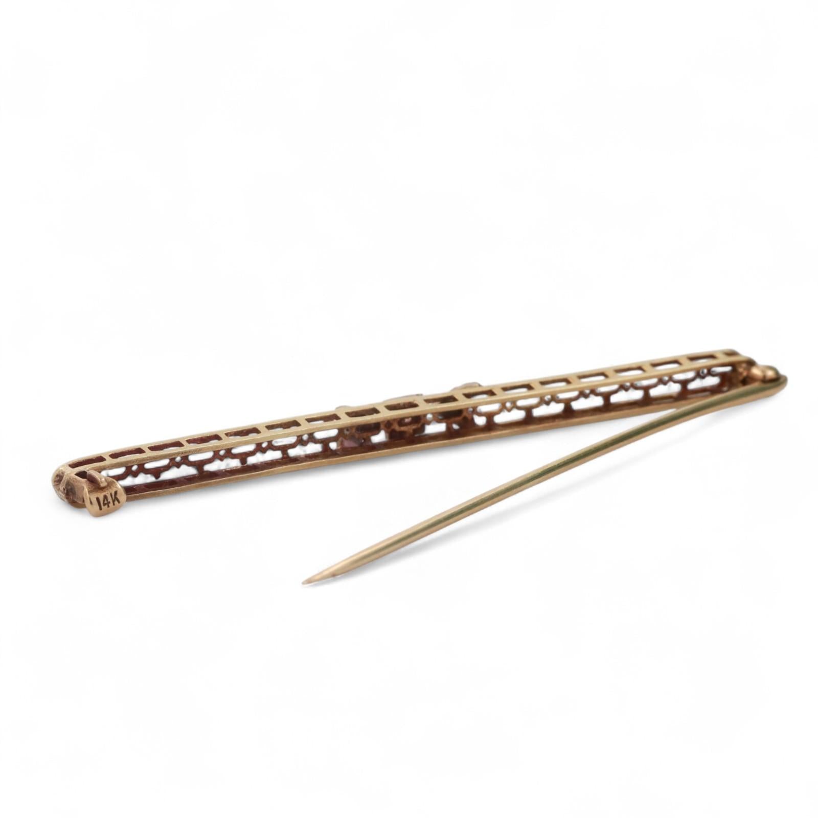 Vintage Diamond Filigree Brooch 14K Yellow Gold Platinum 0.03 CT 2.20"