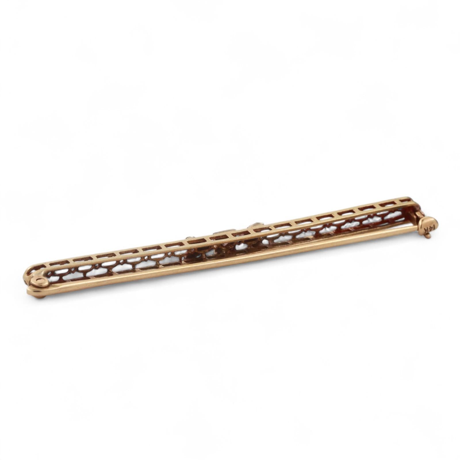 Vintage Diamond Filigree Brooch 14K Yellow Gold Platinum 0.03 CT 2.20"