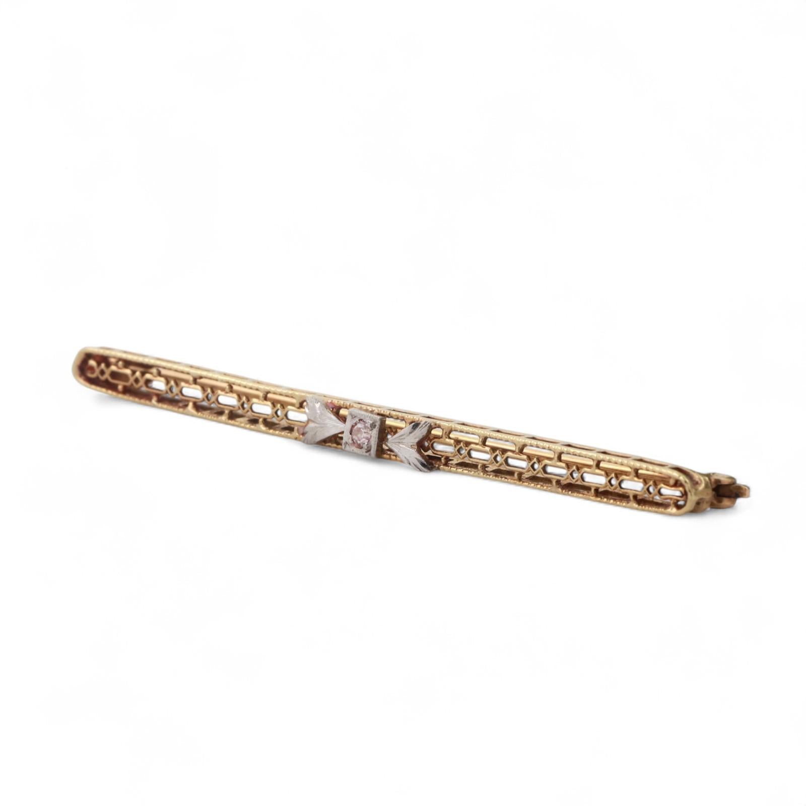 Vintage Diamond Filigree Brooch 14K Yellow Gold Platinum 0.03 CT 2.20"