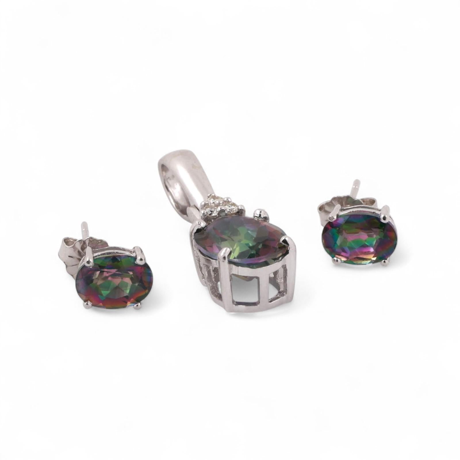 Mystic Topaz Diamond Pendant Earring Set 14K White Gold 7.80 CTW Estate