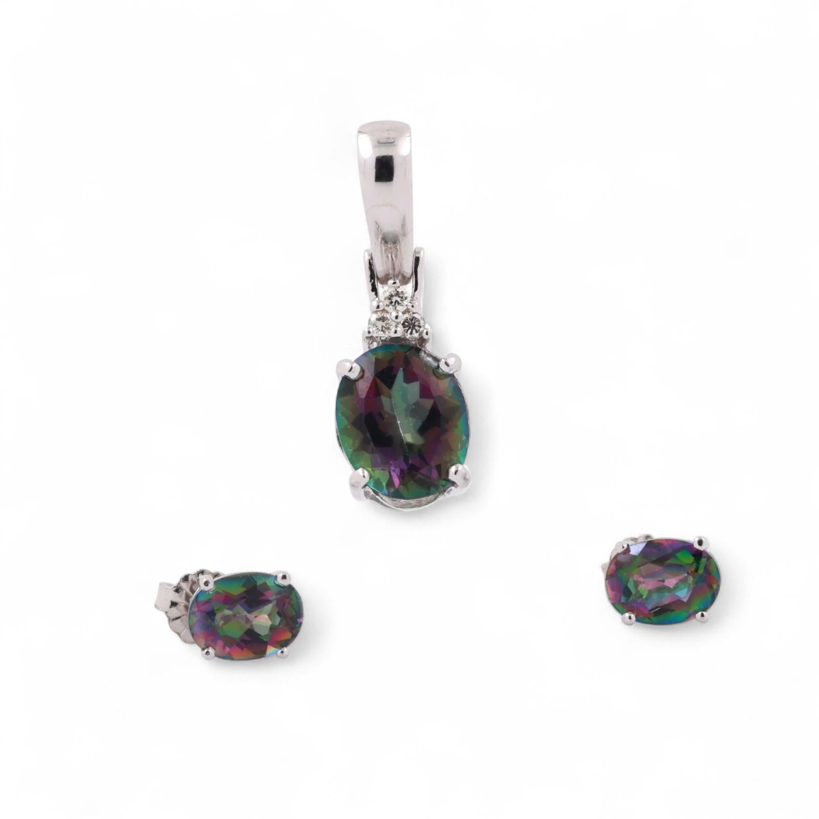 Mystic Topaz Diamond Pendant Earring Set 14K White Gold 7.80 CTW Estate