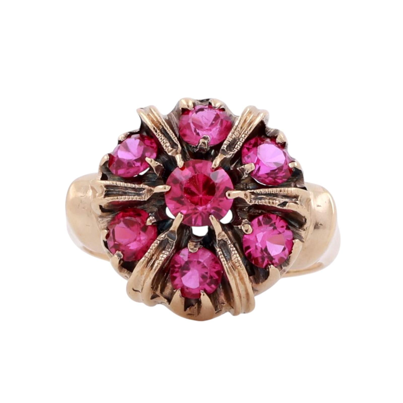 Ruby Floral Cocktail Ring 10K Yellow Gold 1.25 CTW Lab Grown Size 3.75