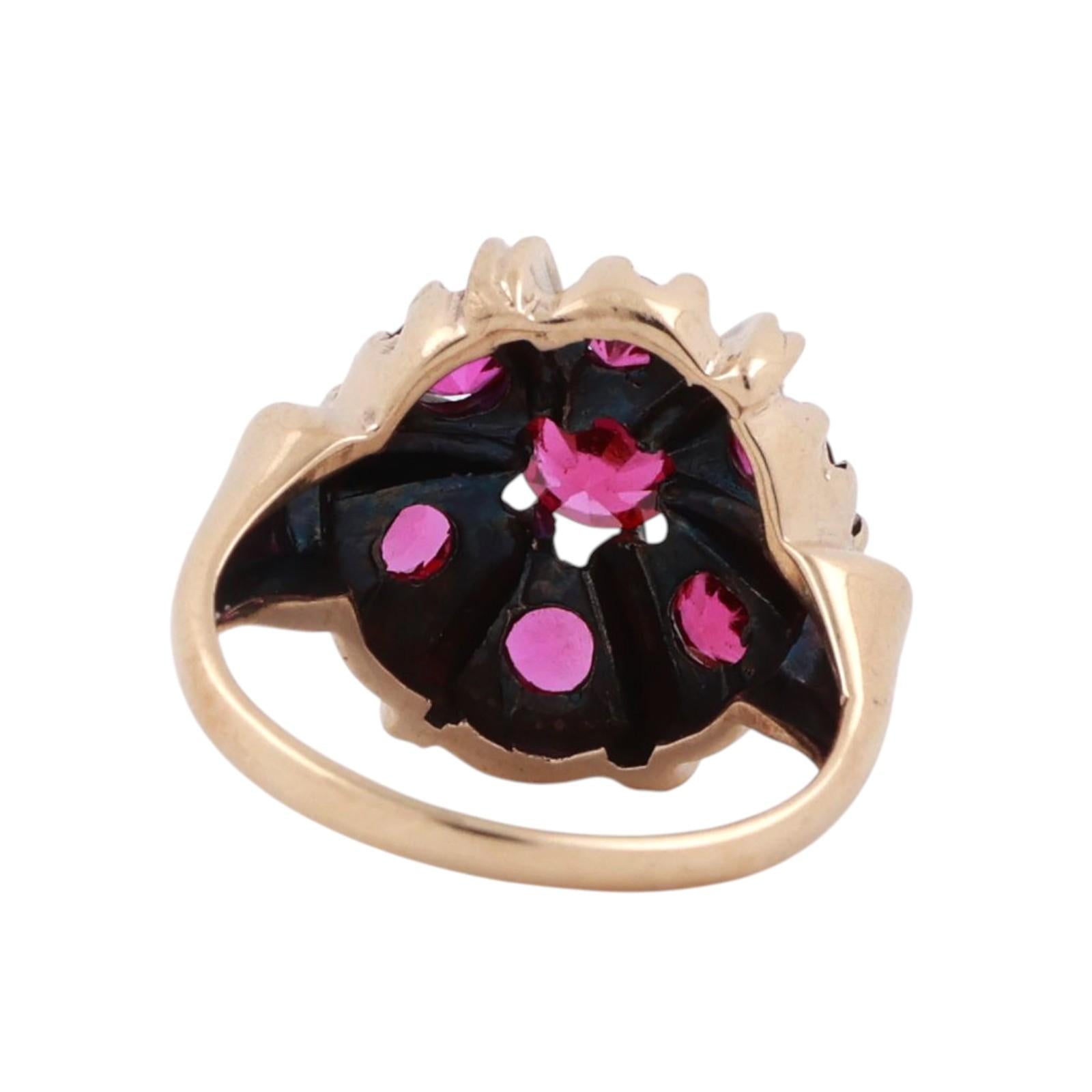 Ruby Floral Cocktail Ring 10K Yellow Gold 1.25 CTW Lab Grown Size 3.75