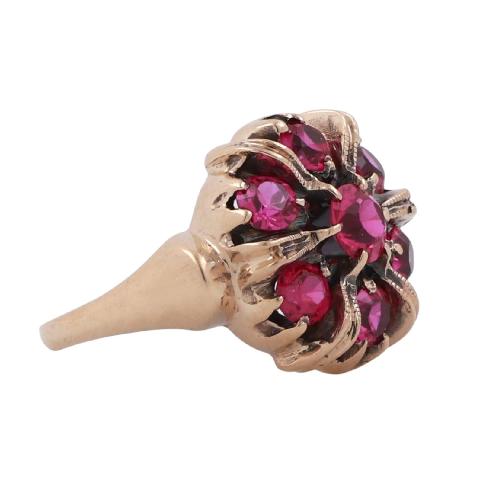 Ruby Floral Cocktail Ring 10K Yellow Gold 1.25 CTW Lab Grown Size 3.75