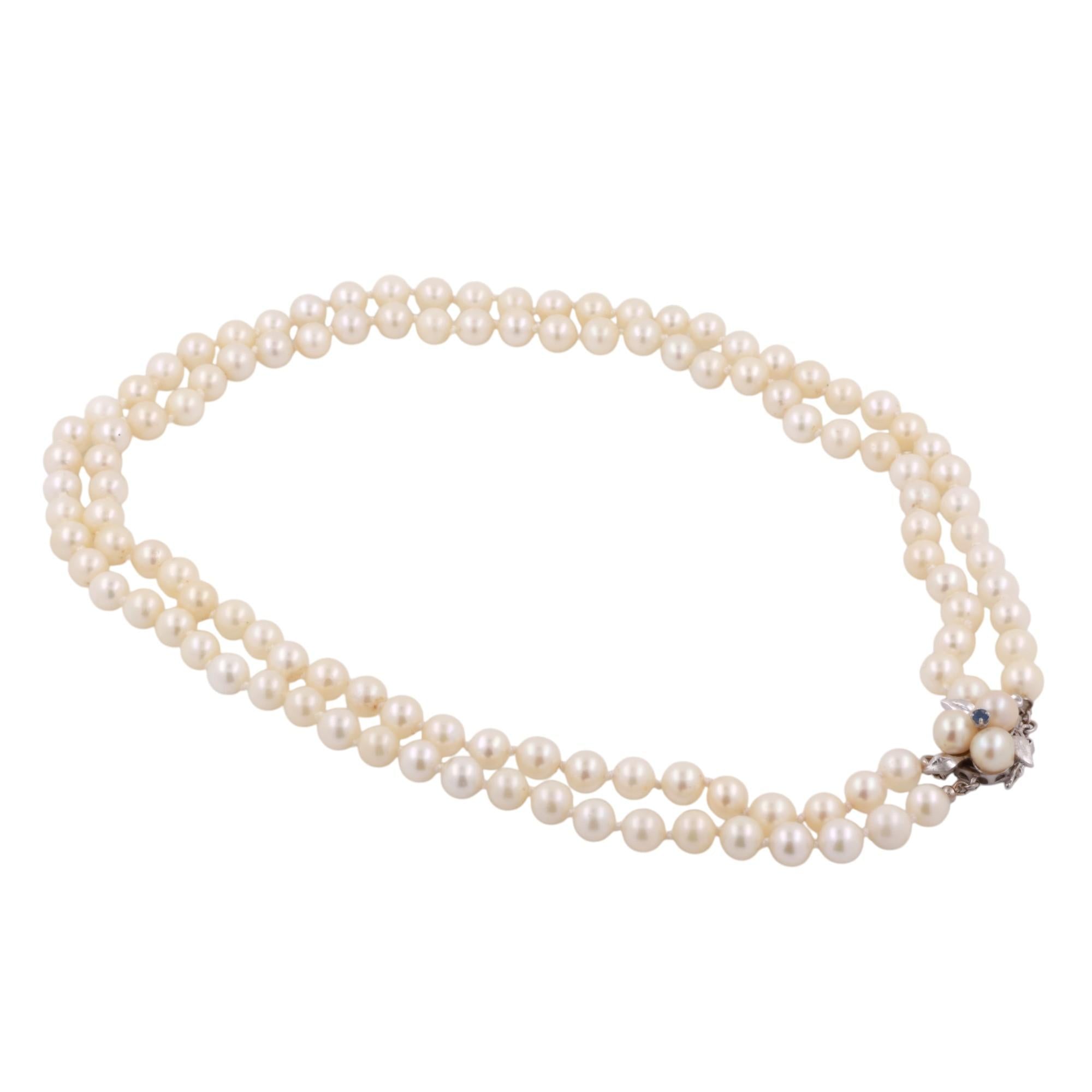 Vintage 2-Strand Cultured Akoya Pearl Necklace 14K White Gold Floral Clasp 17"