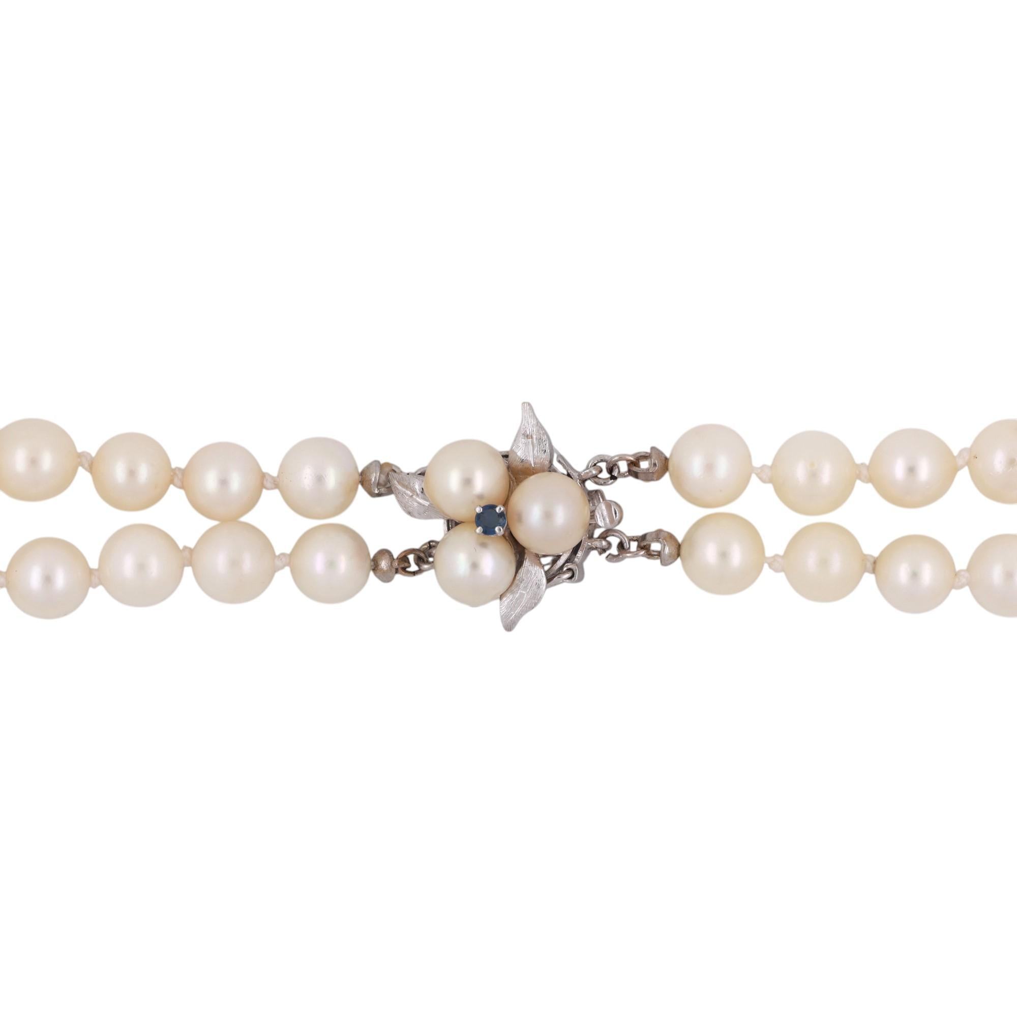Vintage 2-Strand Cultured Akoya Pearl Necklace 14K White Gold Floral Clasp 17"