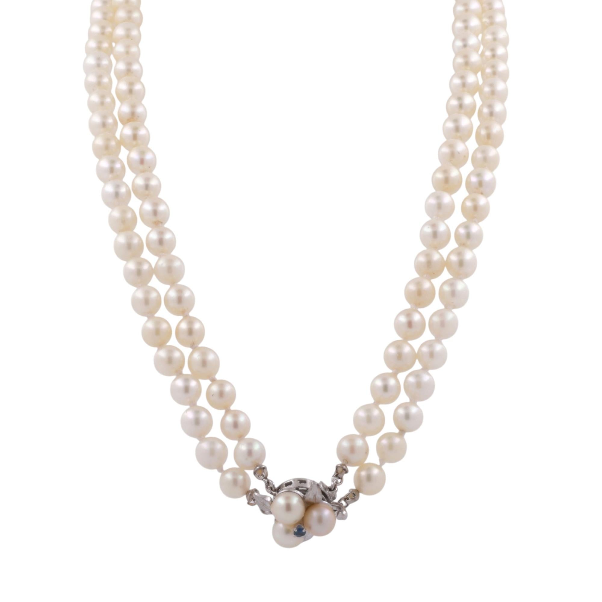 Vintage 2-Strand Cultured Akoya Pearl Necklace 14K White Gold Floral Clasp 17"
