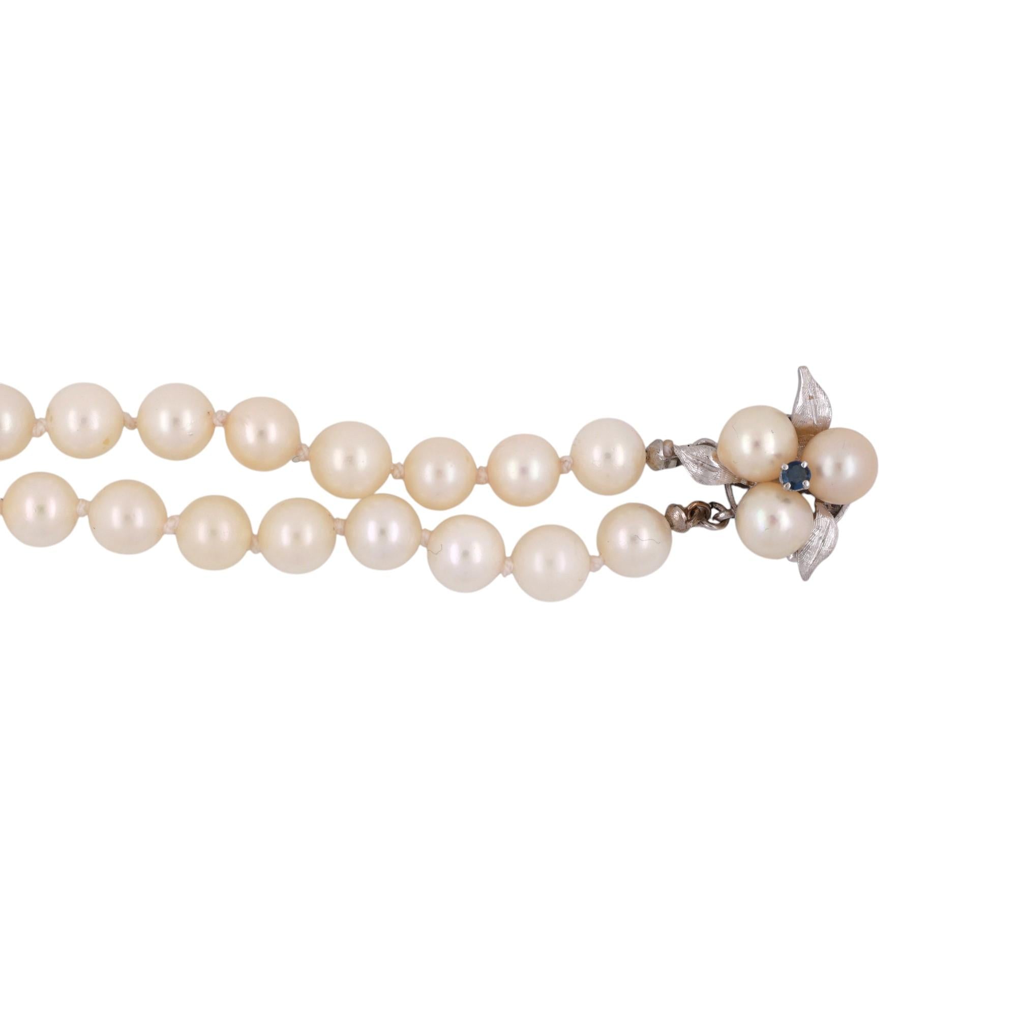 Vintage 2-Strand Cultured Akoya Pearl Necklace 14K White Gold Floral Clasp 17"