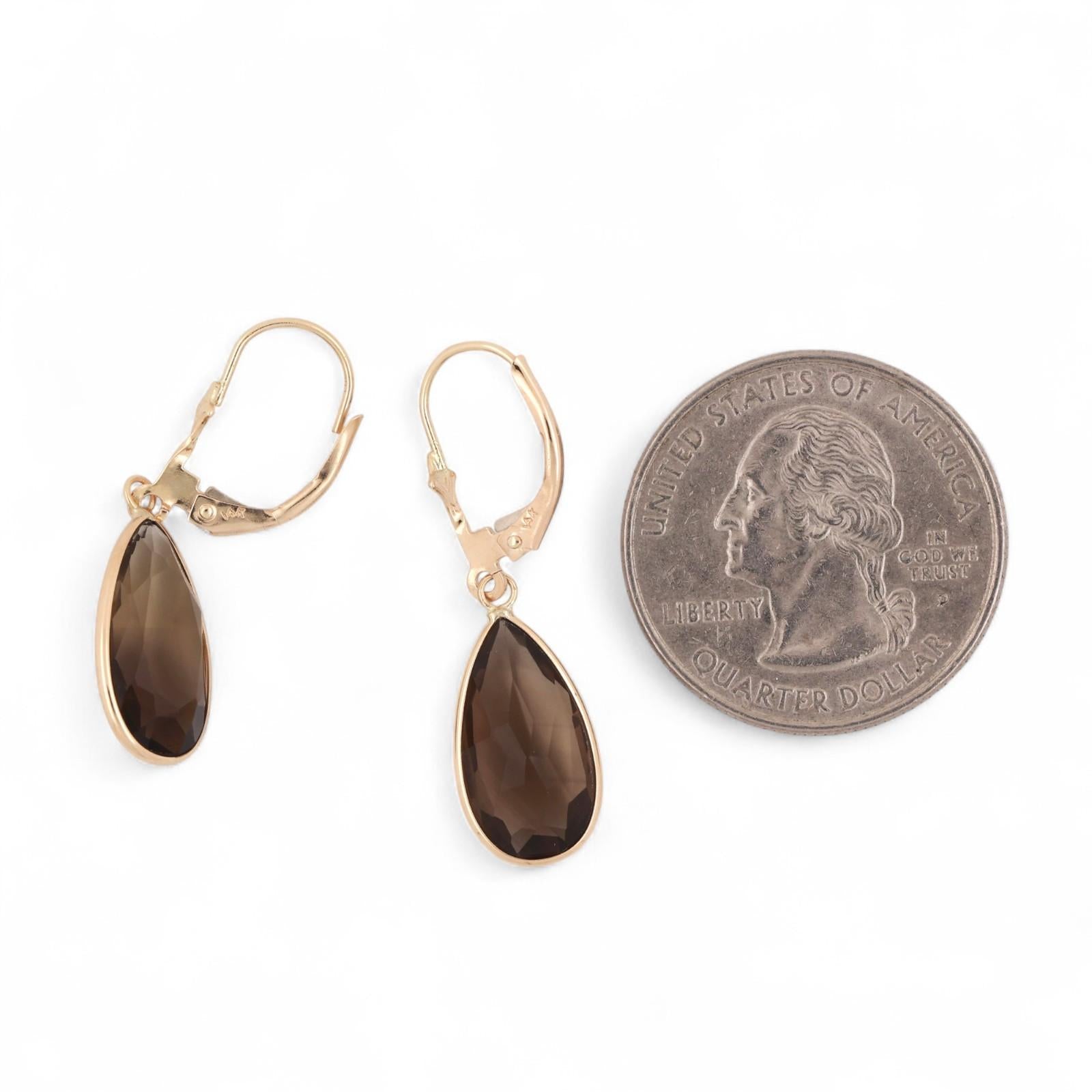 8.30 TW Smoky Quartz Teardrop Dangle Earrings 14K Yellow Gold Lever Backs 1.30"