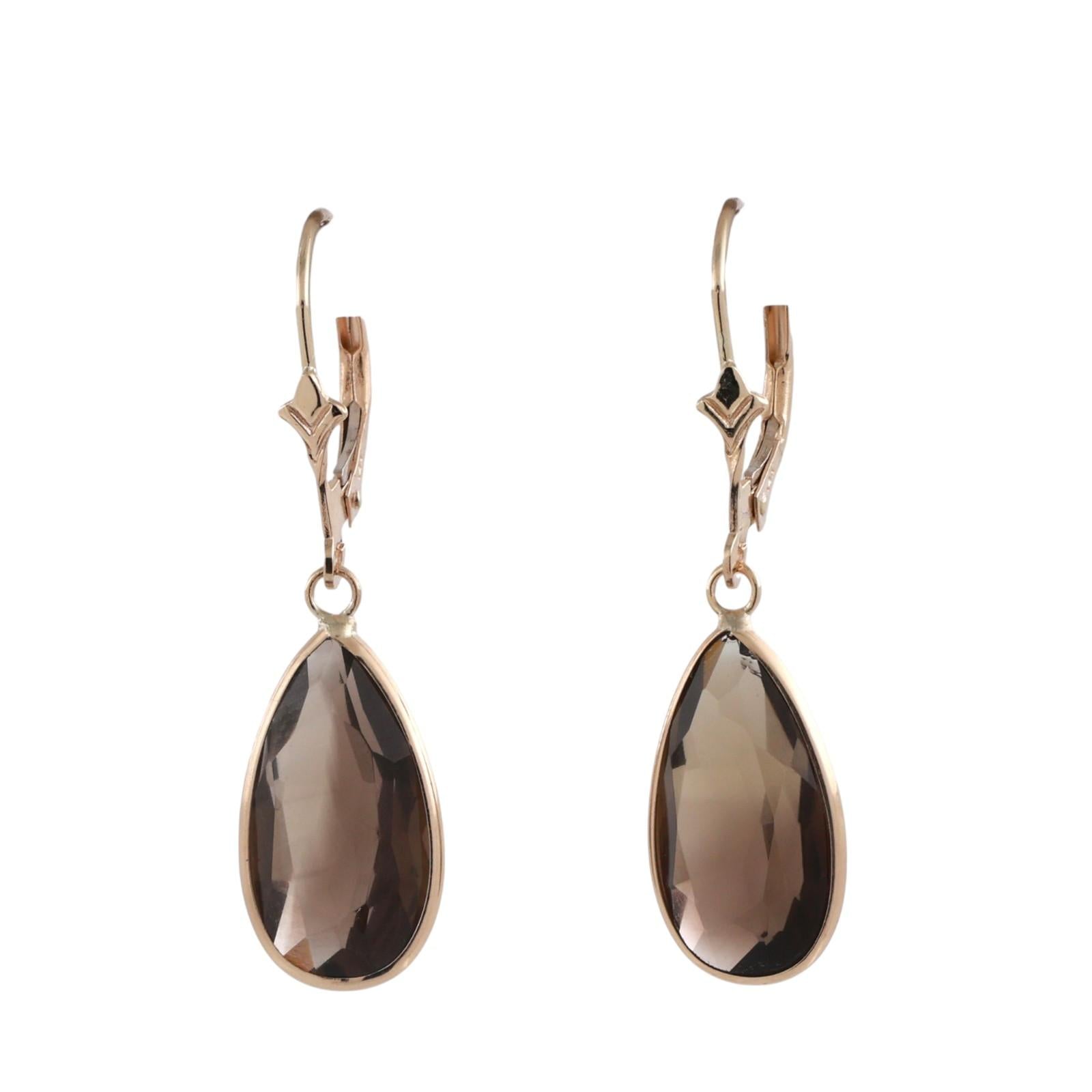 8.30 TW Smoky Quartz Teardrop Dangle Earrings 14K Yellow Gold Lever Backs 1.30"