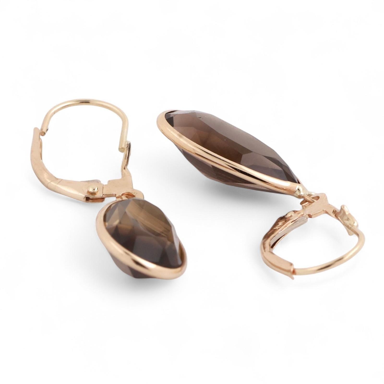 8.30 TW Smoky Quartz Teardrop Dangle Earrings 14K Yellow Gold Lever Backs 1.30"
