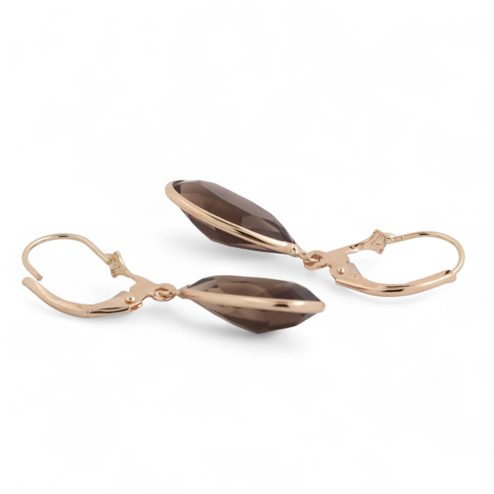 8.30 TW Smoky Quartz Teardrop Dangle Earrings 14K Yellow Gold Lever Backs 1.30"