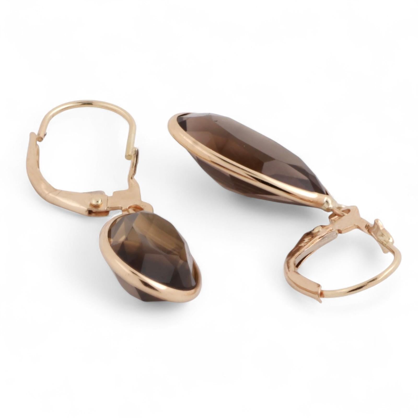 8.30 TW Smoky Quartz Teardrop Dangle Earrings 14K Yellow Gold Lever Backs 1.30"