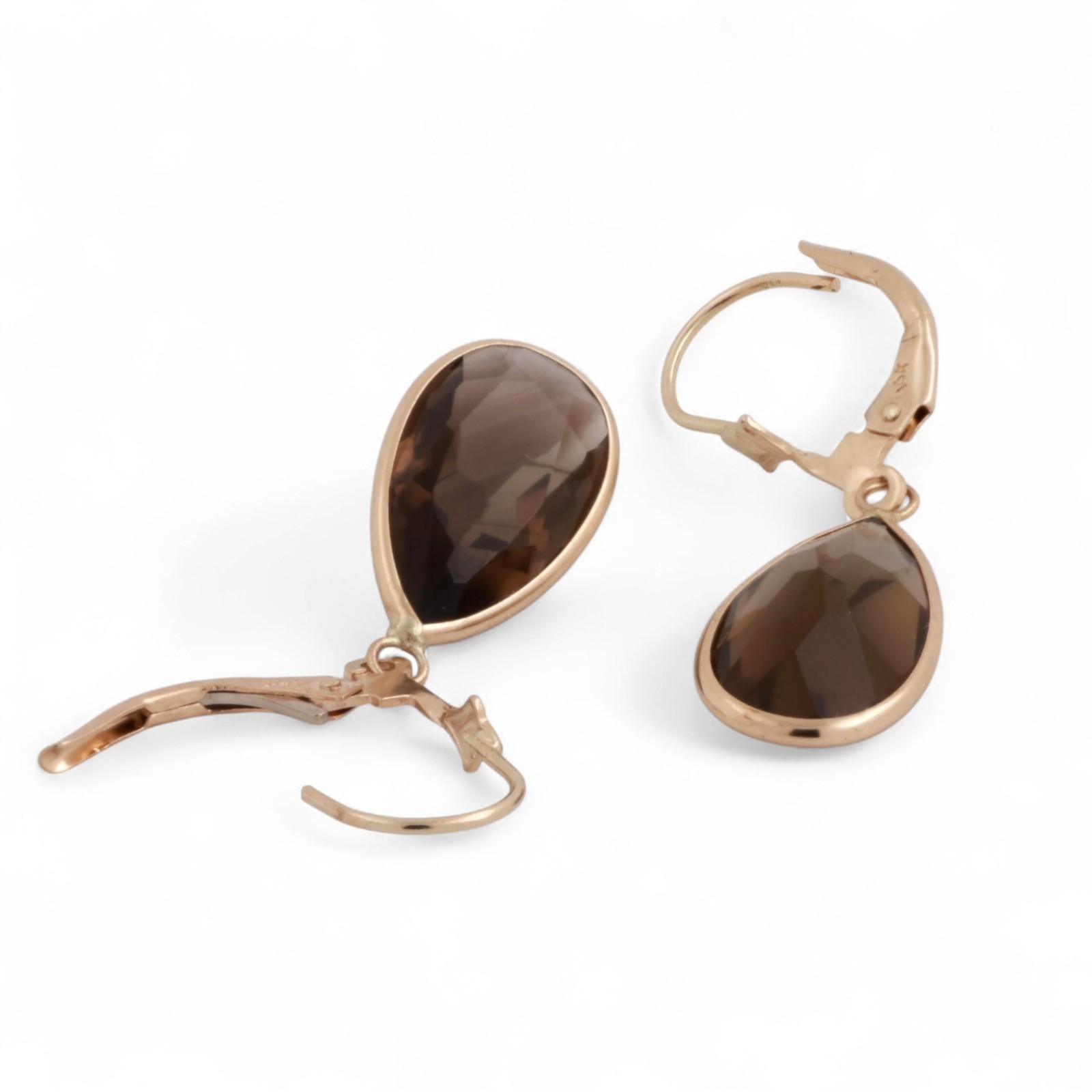 8.30 TW Smoky Quartz Teardrop Dangle Earrings 14K Yellow Gold Lever Backs 1.30"