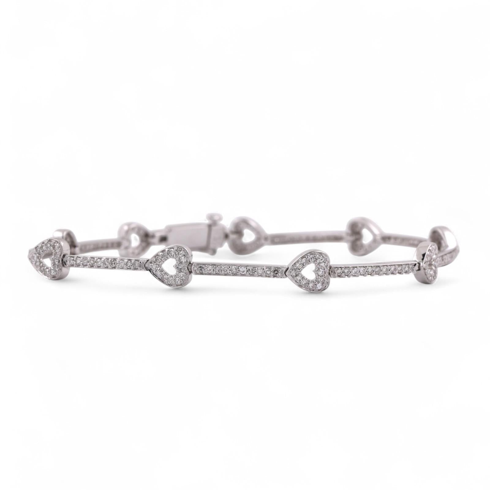 1.50 TW Diamond Heart Station Bar Link Bracelet 14K White Gold 7" Ladies