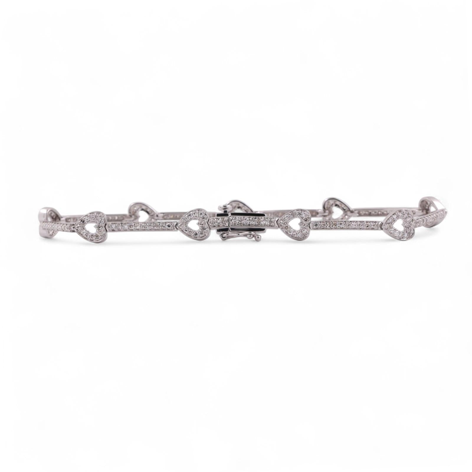 1.50 TW Diamond Heart Station Bar Link Bracelet 14K White Gold 7" Ladies