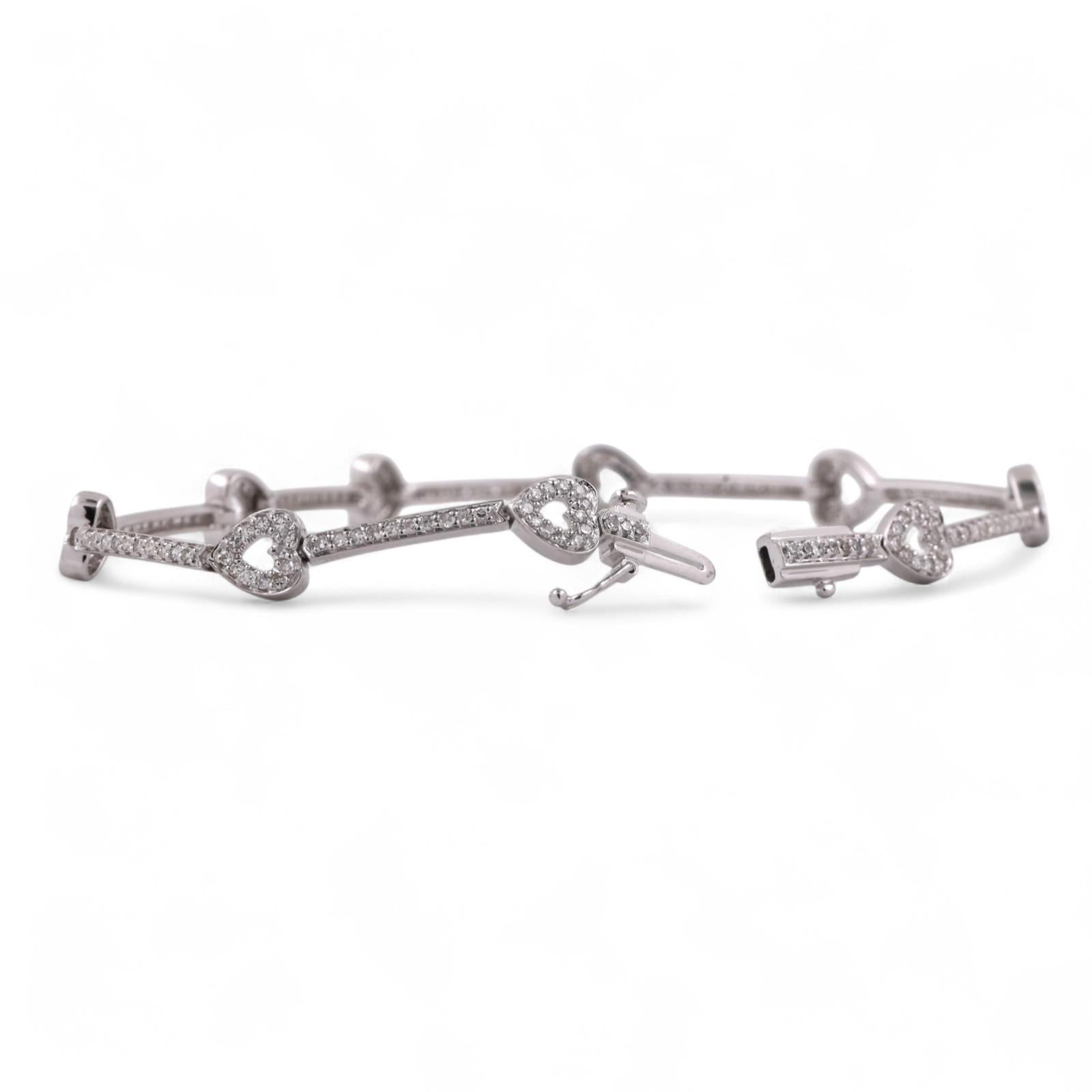 1.50 TW Diamond Heart Station Bar Link Bracelet 14K White Gold 7" Ladies