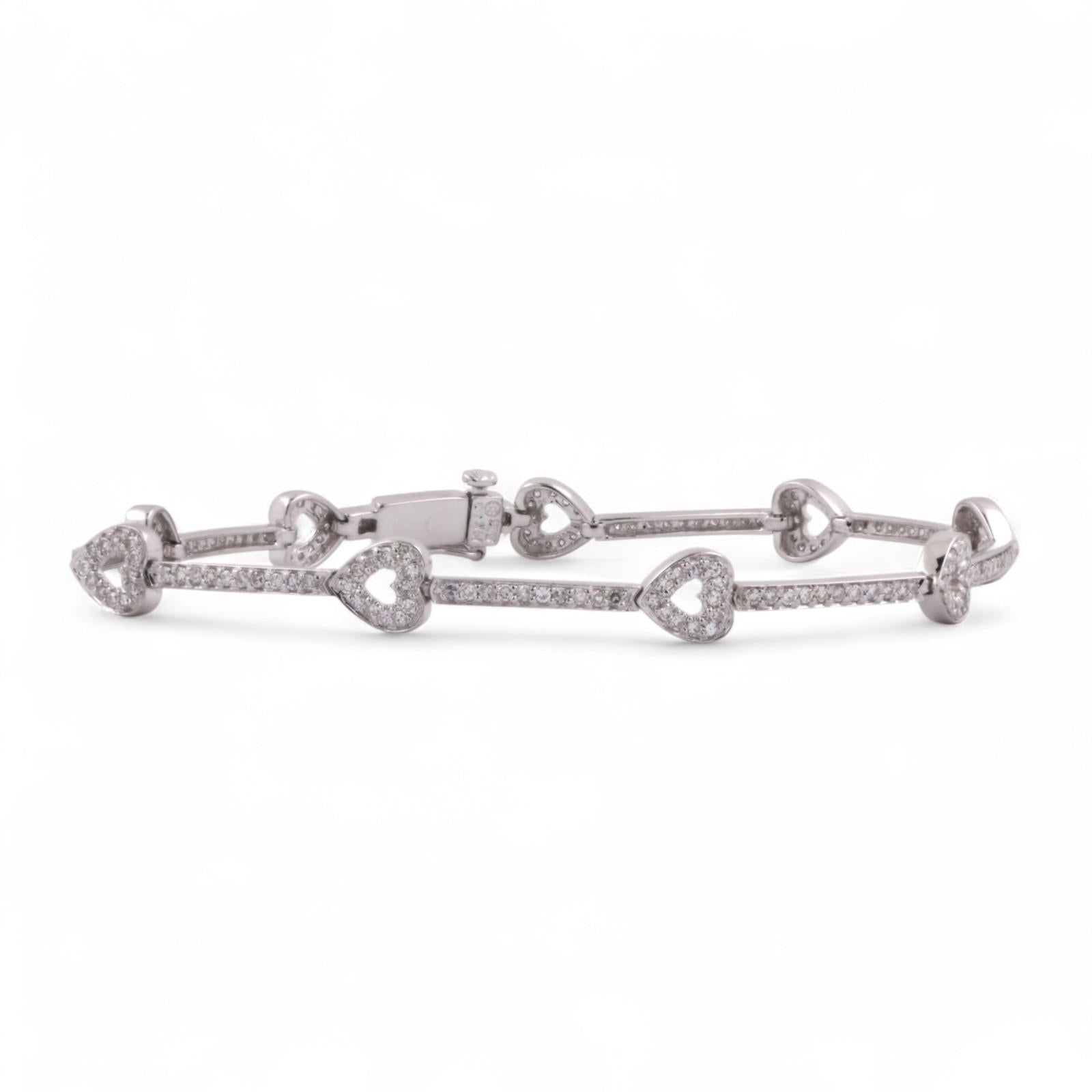 1.25CT Diamond Open Heart Station Bracelet 14K White Gold 7" Estate Ladies