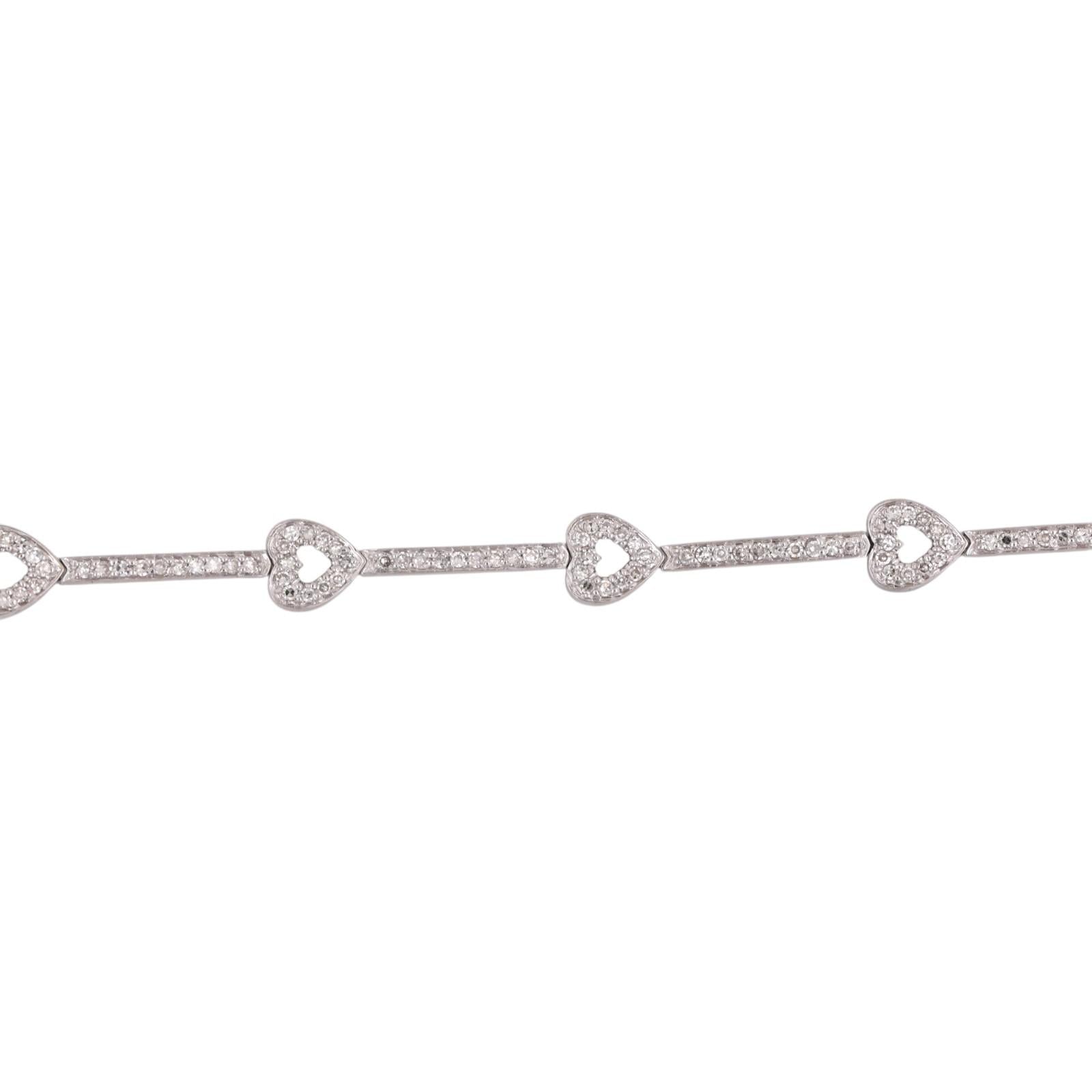 1.50 TW Diamond Heart Station Bar Link Bracelet 14K White Gold 7" Ladies