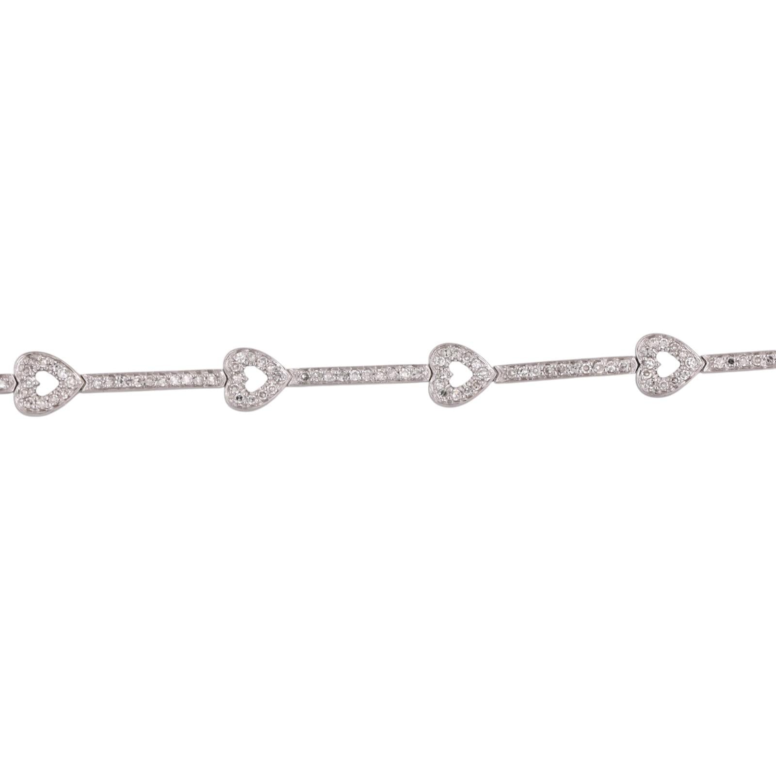 1.50 TW Diamond Heart Station Bar Link Bracelet 14K White Gold 7" Ladies