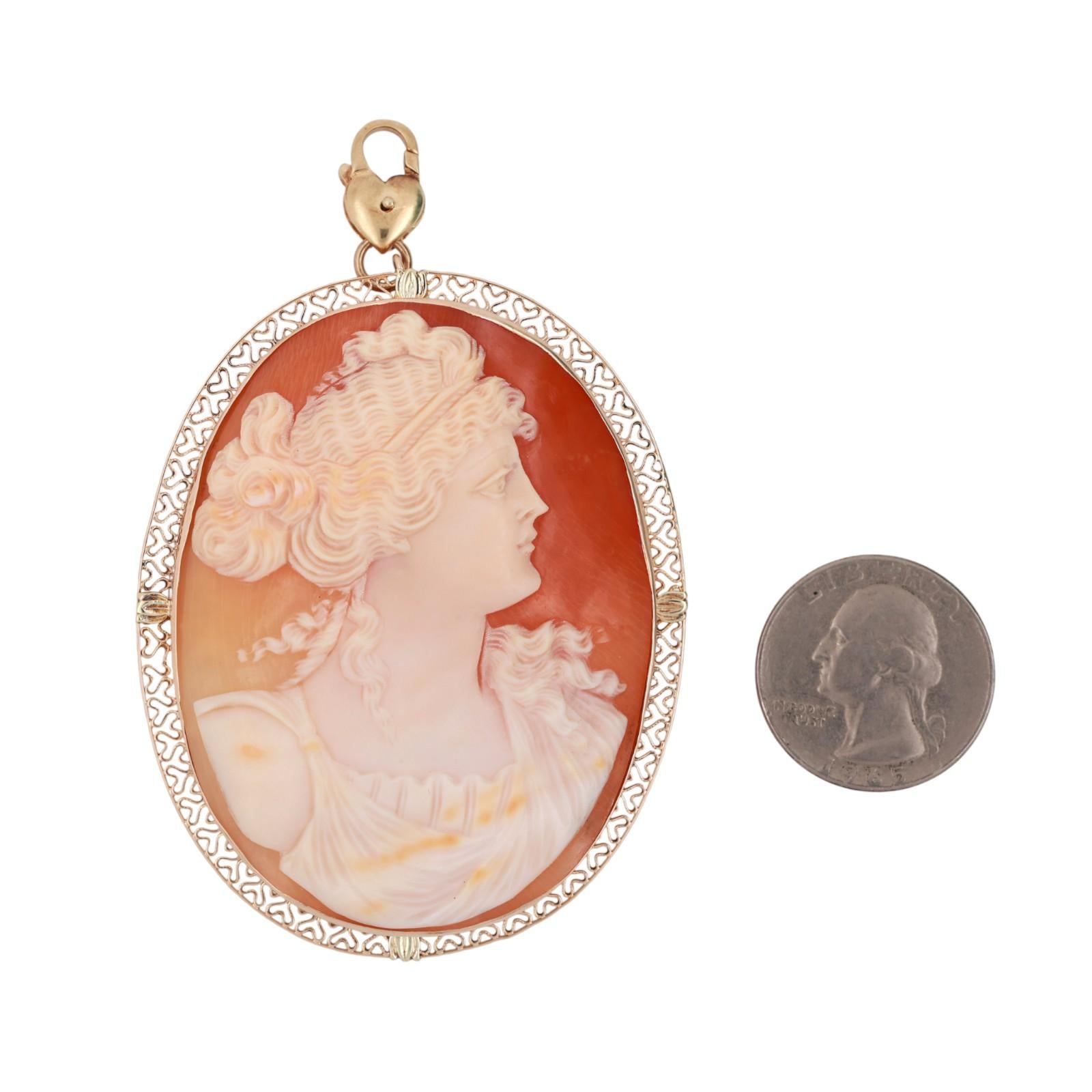 Vintage Cameo Brooch Pin Pendant Yellow Gold Frame 3.35" Ladies Estate