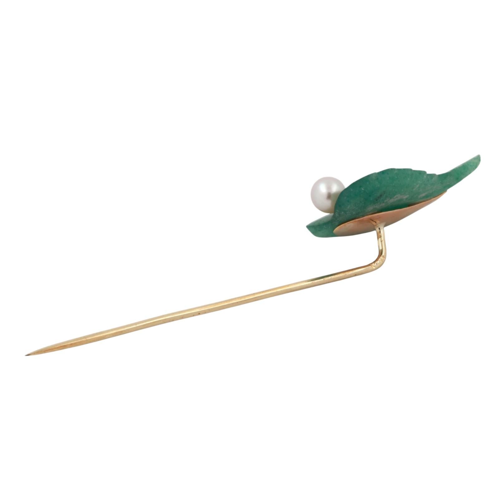 Vintage Aventurine Quartz Cultured Akoya Pearl Leaf Pin Brooch 14K Yellow Gold