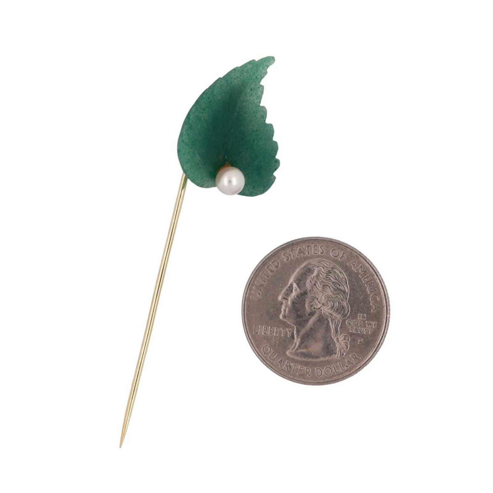 Vintage Aventurine Quartz Cultured Akoya Pearl Leaf Pin Brooch 14K Yellow Gold