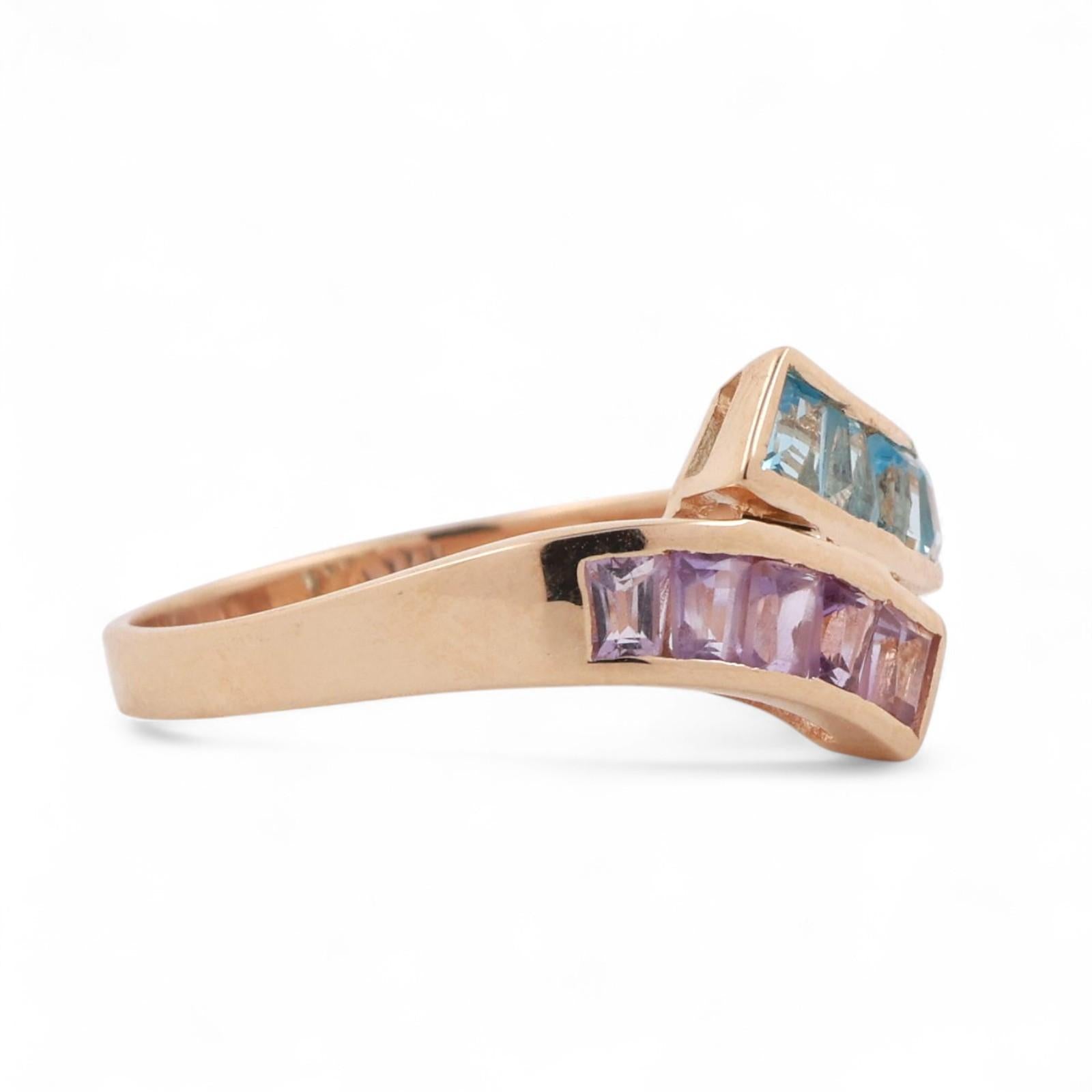 Amethyst Blue Topaz Bypass Ring 14K Yellow Gold 0.50 CTW Size 8.5 Ladies Estate